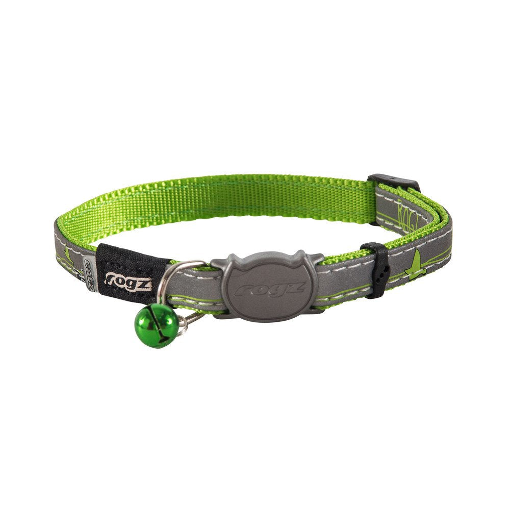 Rogz Reflective Cat Collar lime with breakaway clip for nighttime visibility.