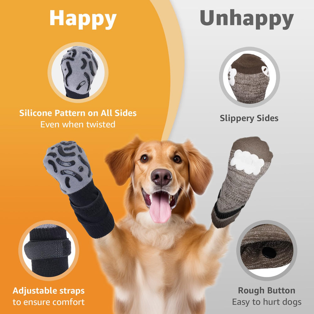 Roilpet dog wearing socks on floor demonstrates grip and paw protection.