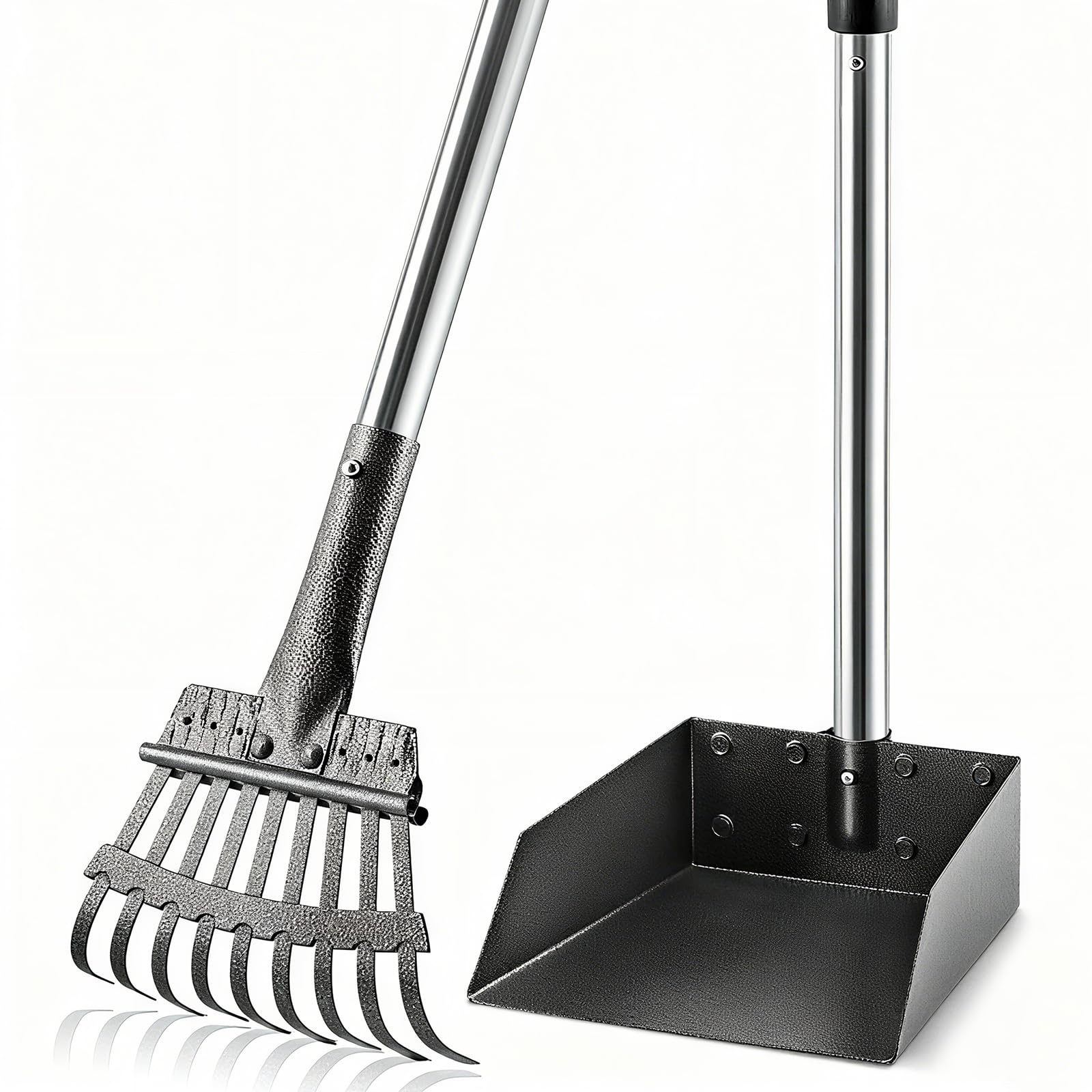ROIUBPO pooper scooper with stainless tray and long handle for easy waste pickup.