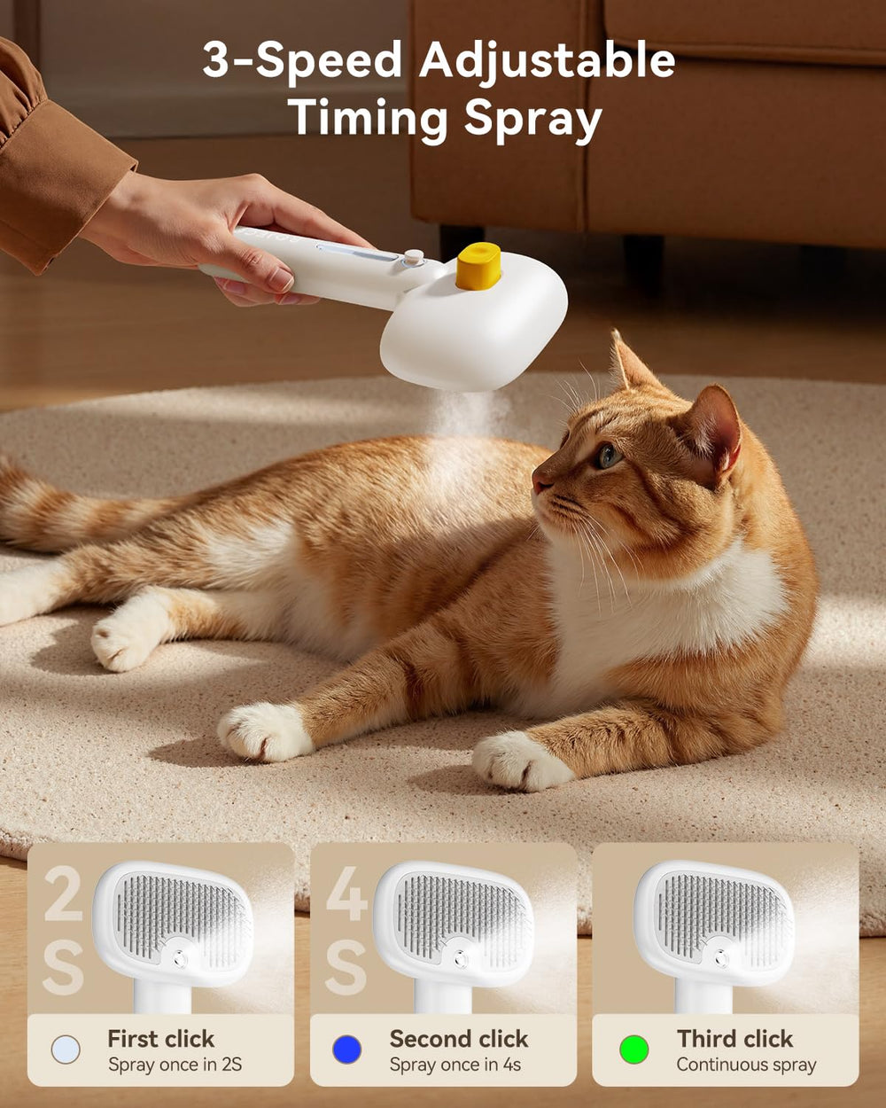 ROJECO 3-in-1 Pet Steam Brush mist mode illustrates versatile detangling and shine.