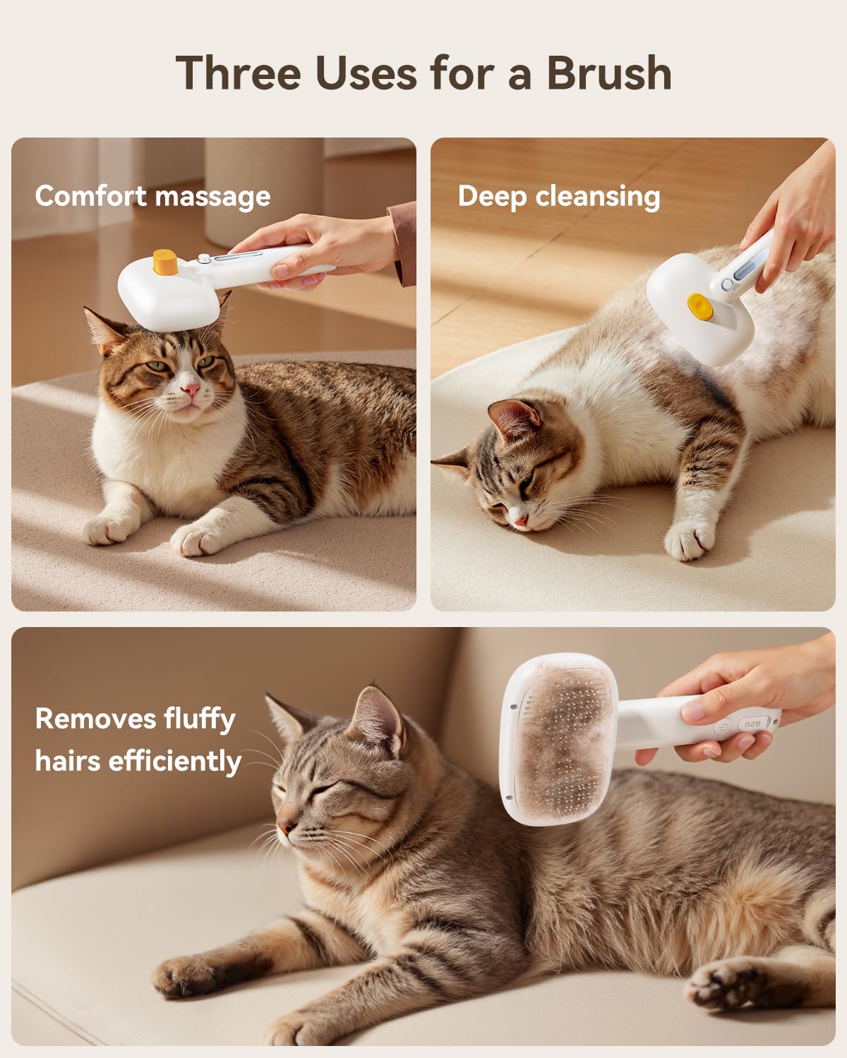 ROJECO 3-in-1 Pet Steam Brush pins close-up highlights gentle detangling.
