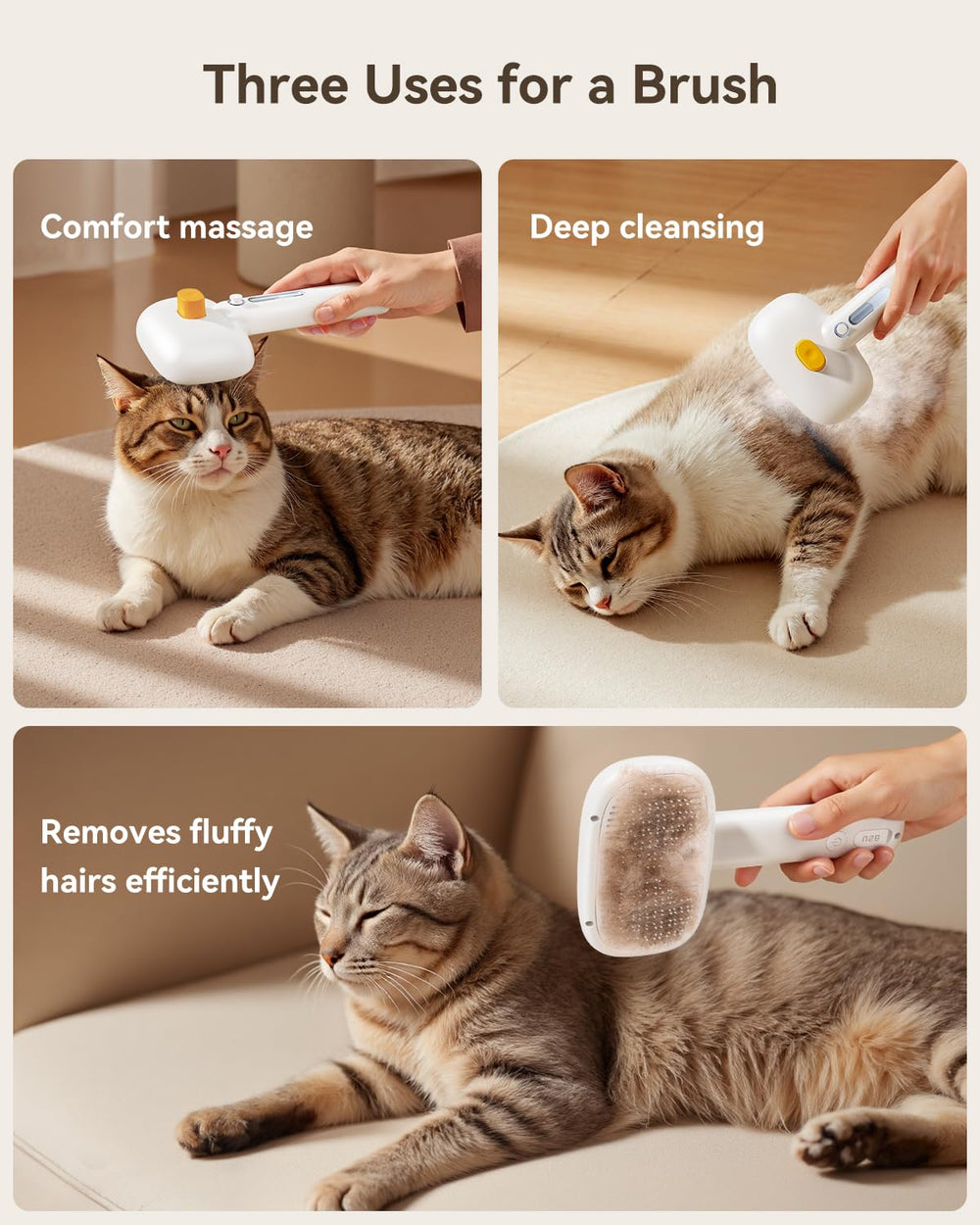 ROJECO 3-in-1 Pet Steam Brush pins close-up highlights gentle detangling.