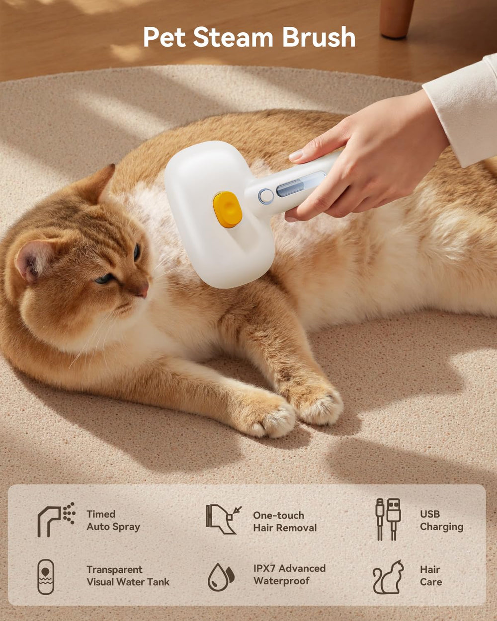 ROJECO 3-in-1 Pet Steam Brush side view shows ergonomic grip for comfy grooming.