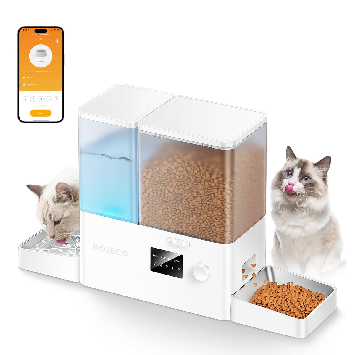 ROJECO 36Cups feeder front view shows a reliable 2-in-1 pet meal system.