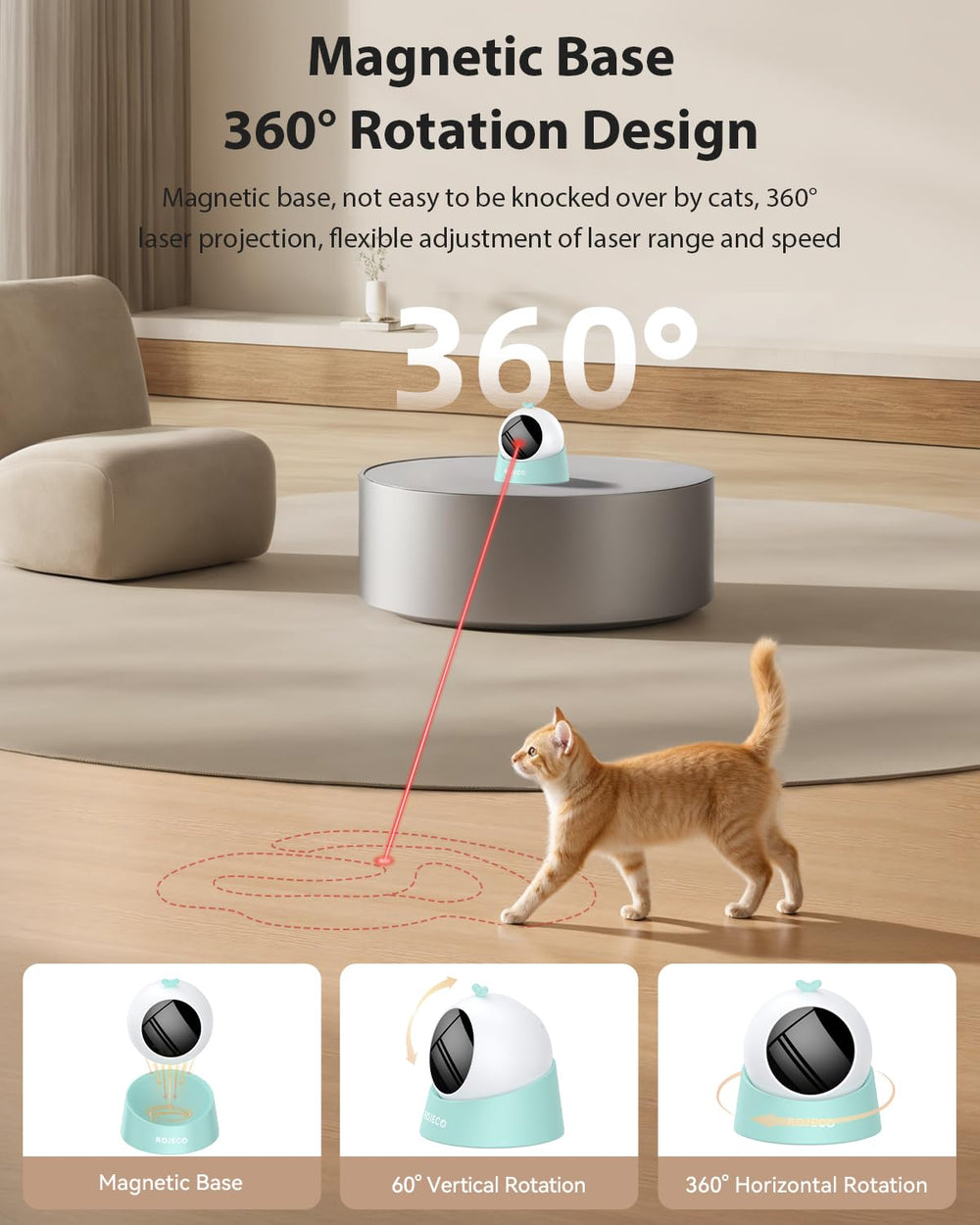 ROJECO Auto Laser Cat Toy operates quietly under 20dB for peaceful evenings.