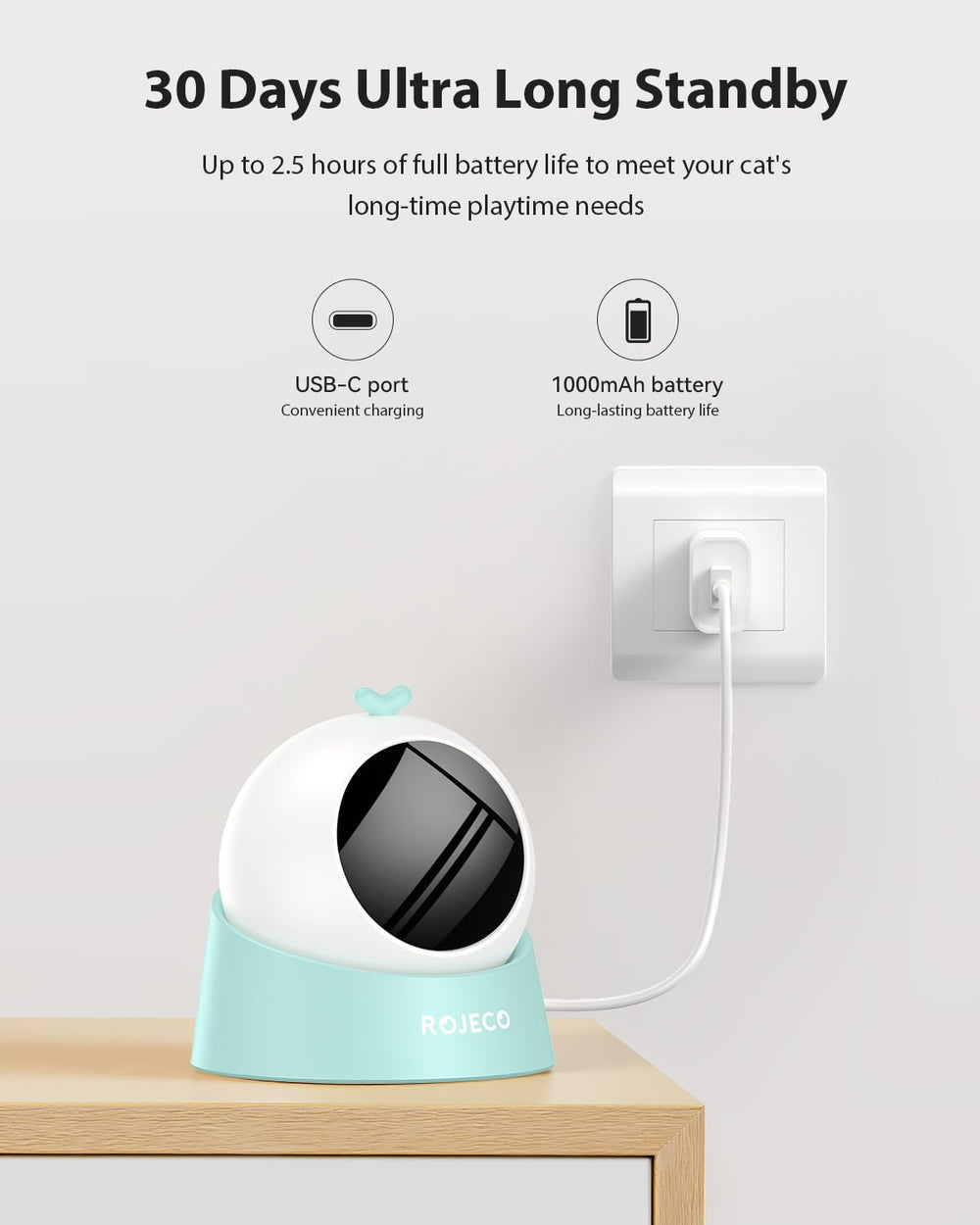 ROJECO Auto Laser Cat Toy is USB-rechargeable, saving on disposable batteries.