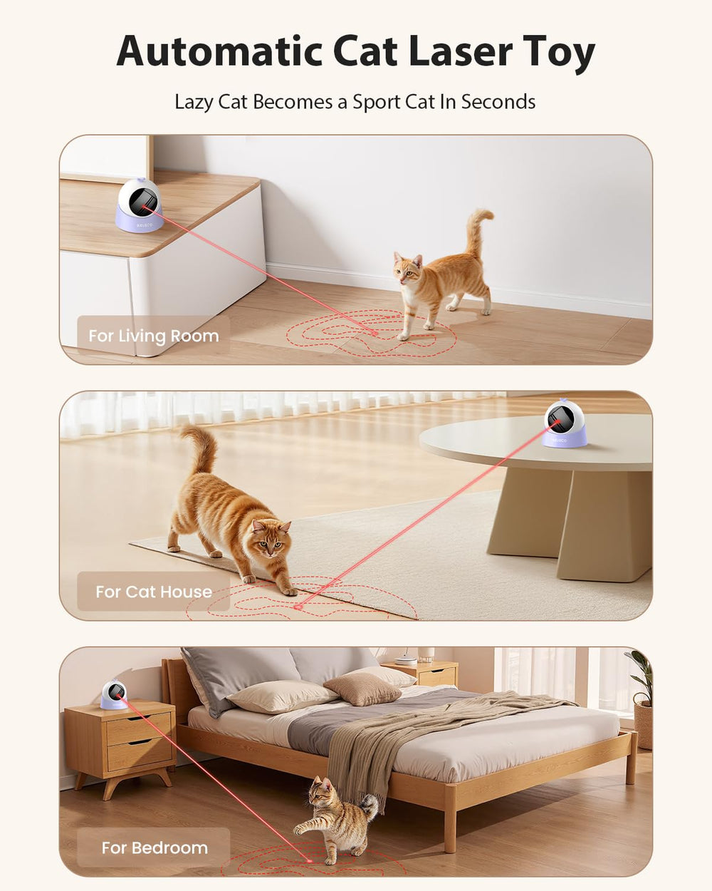 ROJECO Auto Laser Cat Toy runs quietly for peaceful evenings.