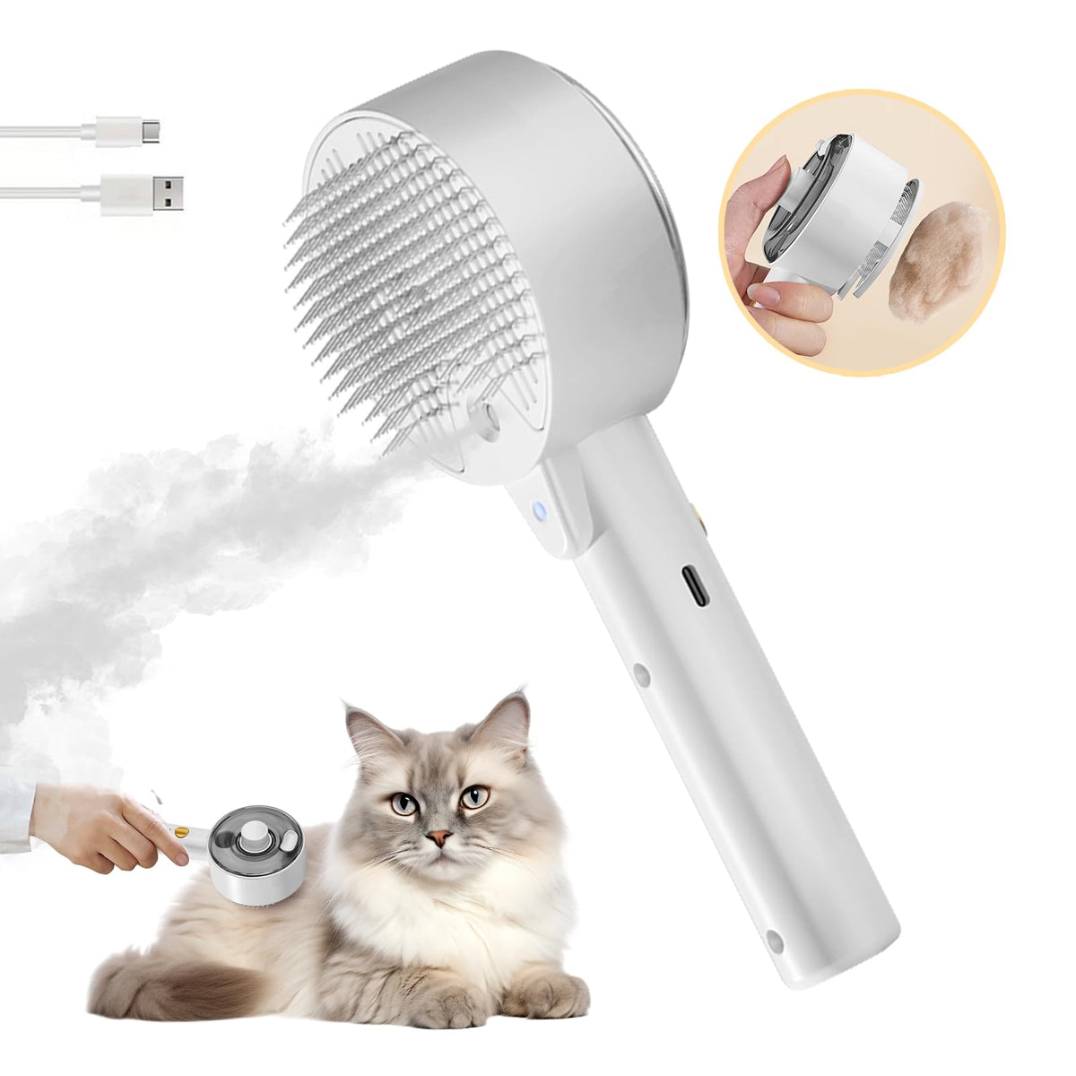 Rolemon Cloud Care Cat Brush shows 140-degree bristles for deep grooming and shedding control.