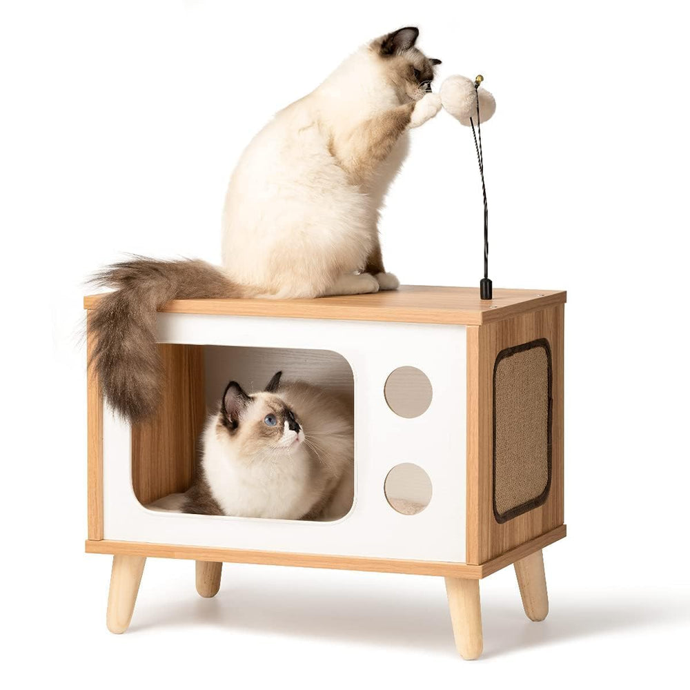 Rolife cat house wooden TV-style condo provides a sturdy shelter and cozy lounging.