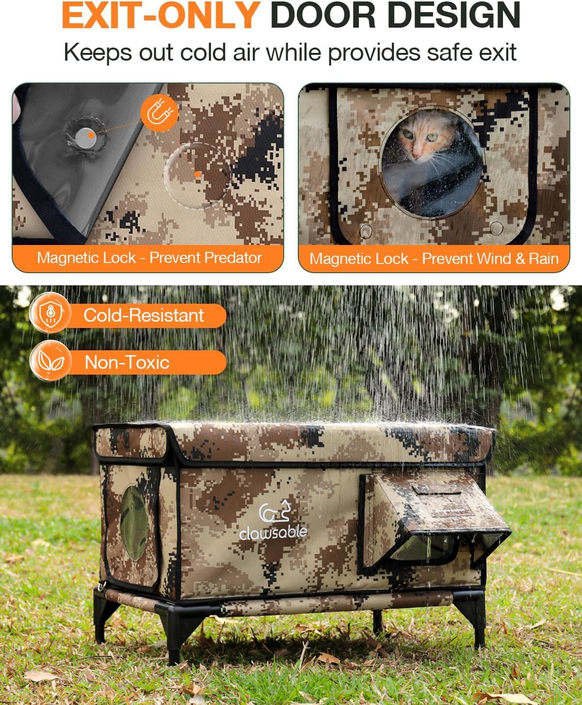 Rolimate cat shelter with waterproof awning shields interior from rain and snow.