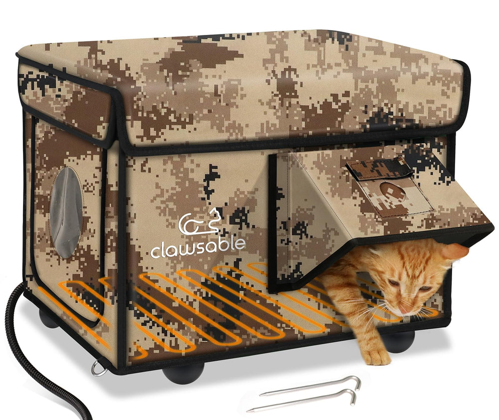 Rolimate desert camouflage heated cat house; front view shows weatherproof warmth for outdoor cats.