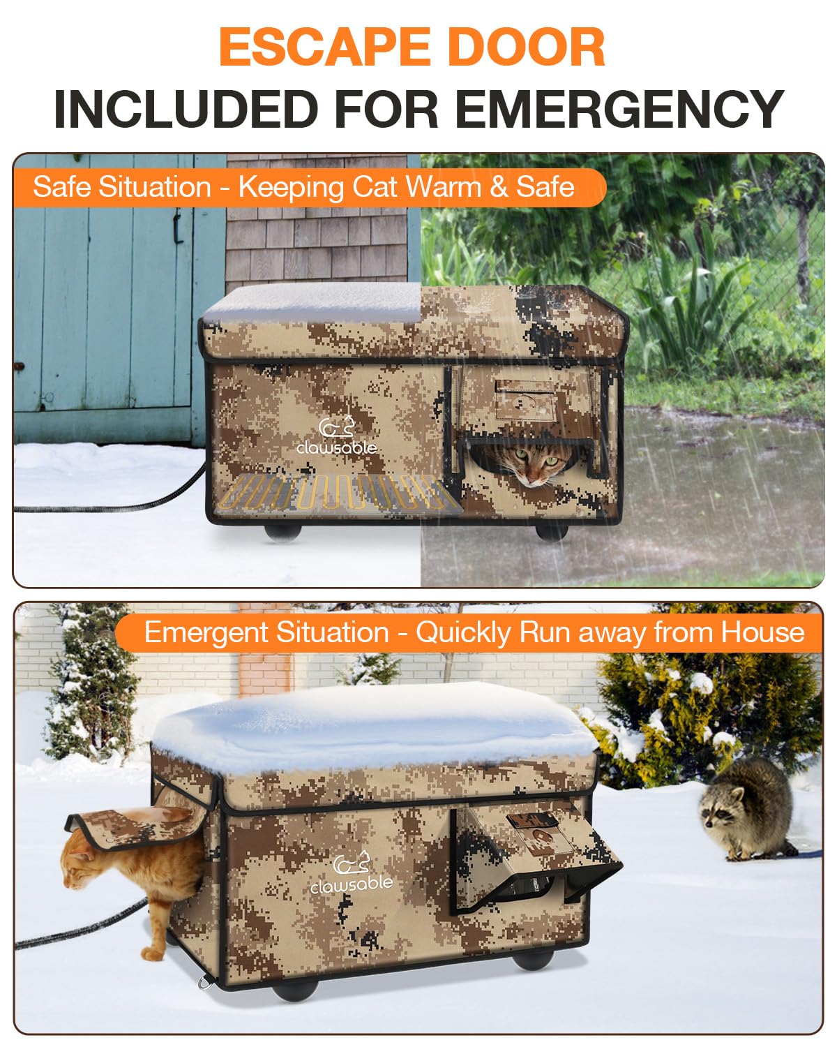 Rolimate desert camouflage heated cat house; side view shows rugged exterior design.
