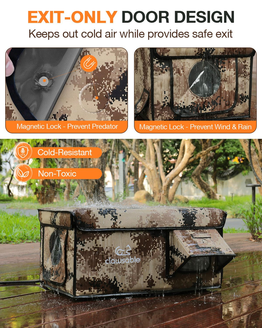 Rolimate escape-door cat shelter closeup highlights safe exit feature for predators.