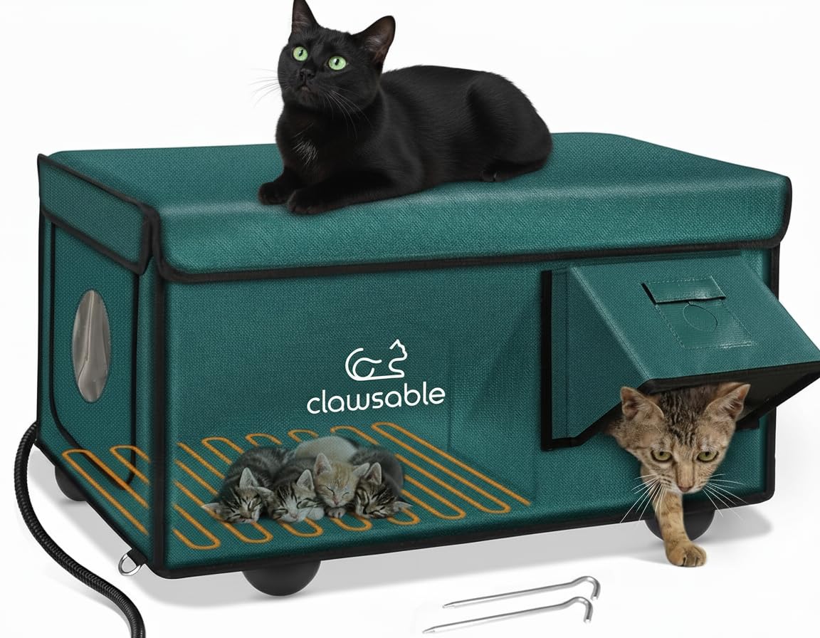 Rolimate indestructible cat house, forest-green side view, rugged outdoor shelter for warmth