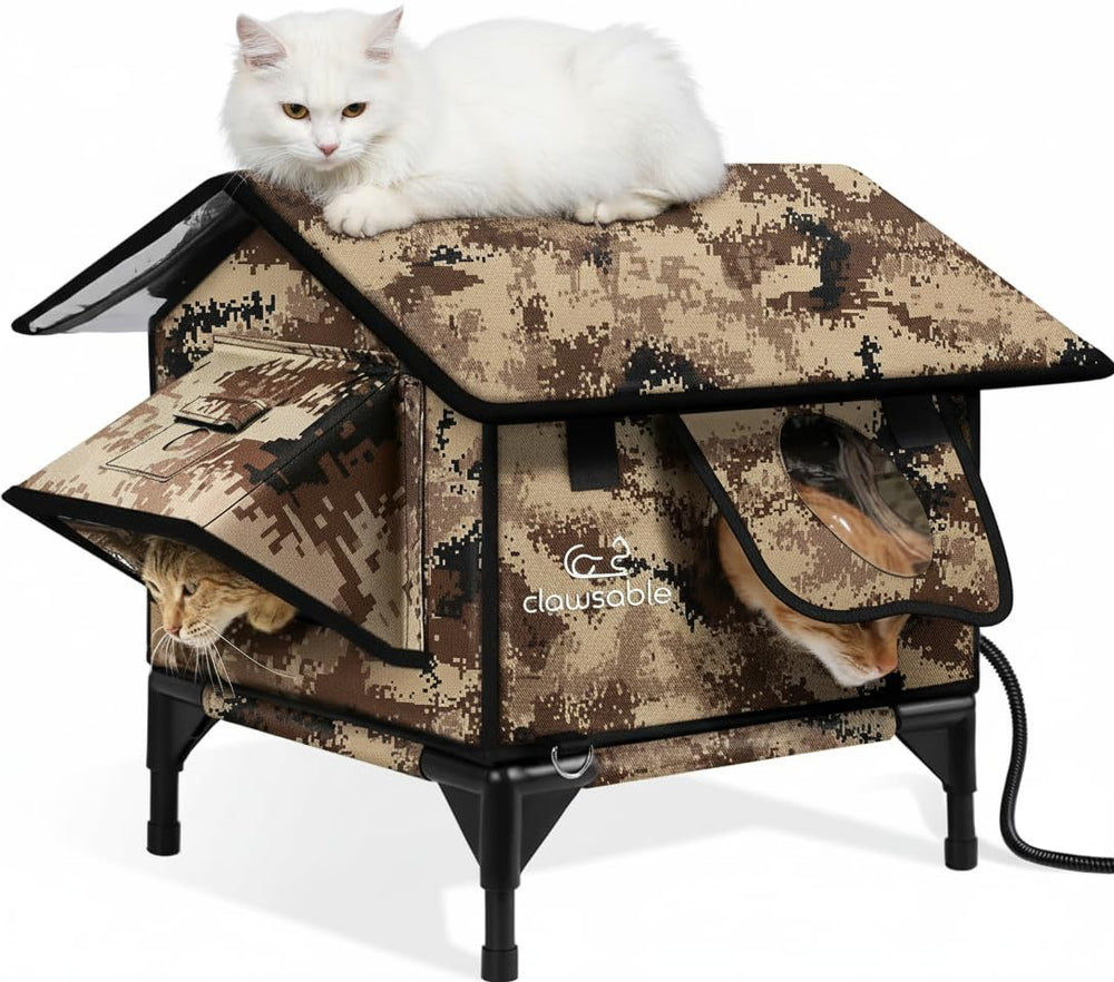 Rolimate indestructible gable roof exterior protects outdoor cats during storms.