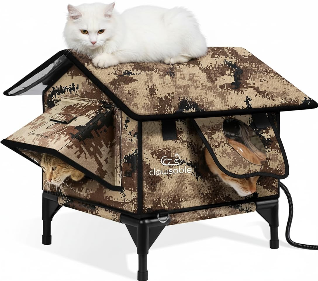 Rolimate indestructible gable roof exterior protects outdoor cats during storms.