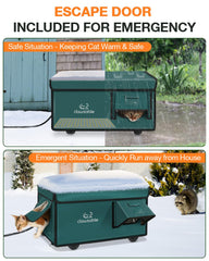 Rolimate indestructible heated cat house forest-green escape door demonstrates quick exit safety for cats