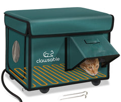 Rolimate indestructible heated cat house forest-green front view highlights robust insulation for outdoor warmth