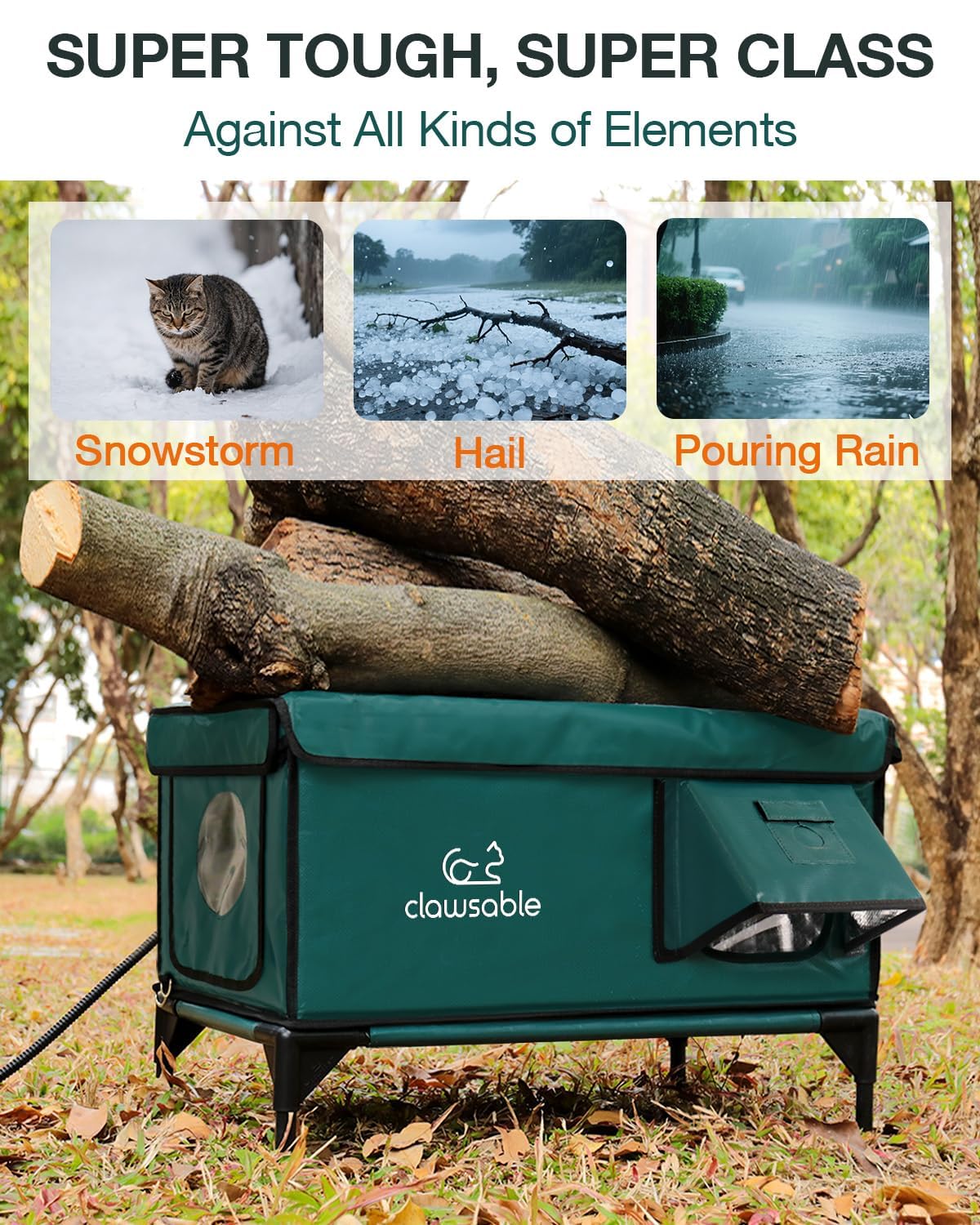 Rolimate indestructible heated cat house forest green side view shows weatherproof shell.