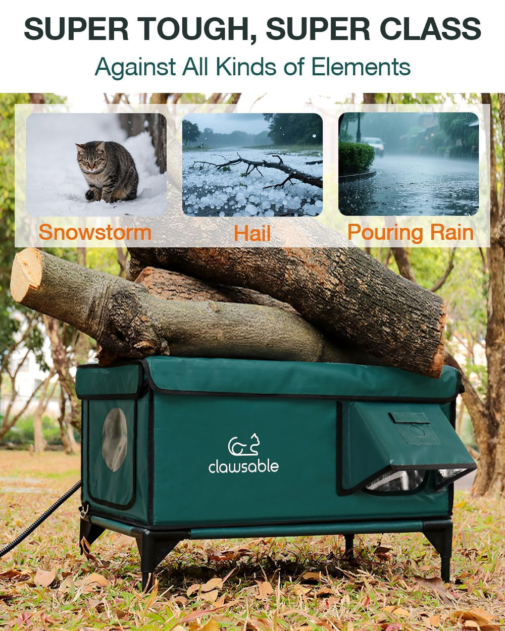 Rolimate indestructible heated cat house forest green side view shows weatherproof shell.