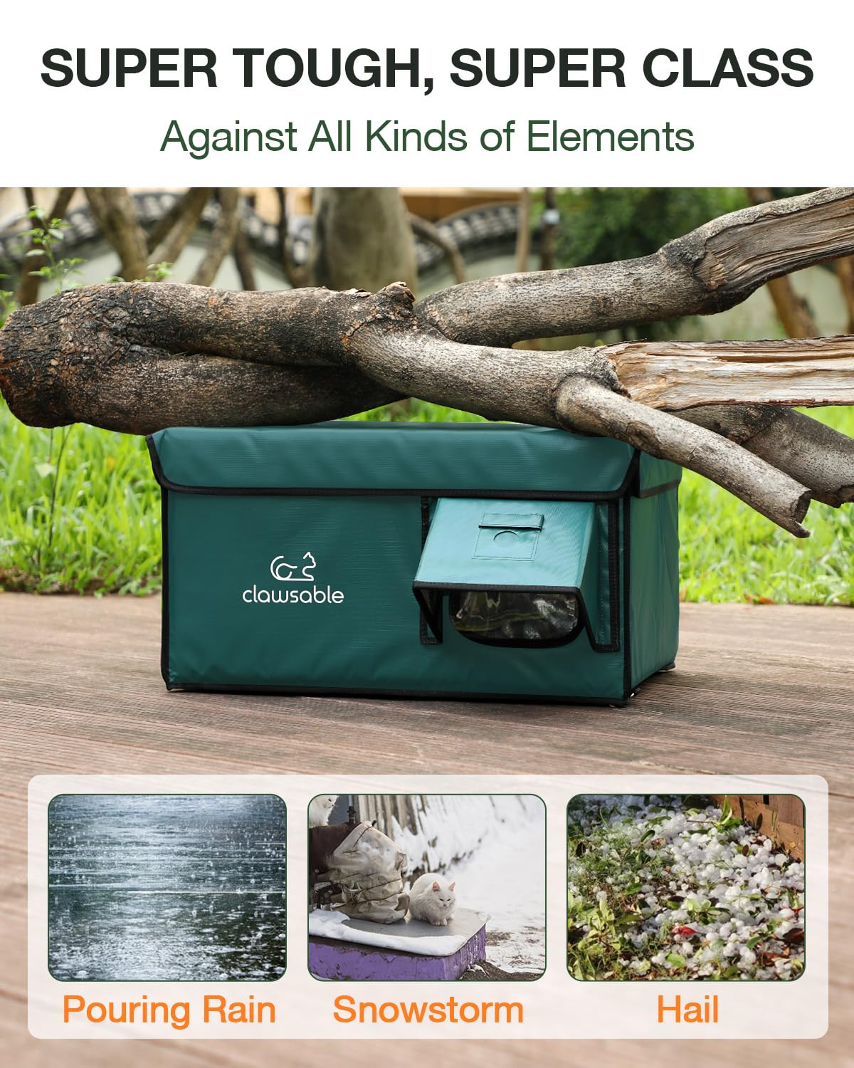 Rolimate indestructible heated cat house forest-green waterproof awning protects interior from rain and wind