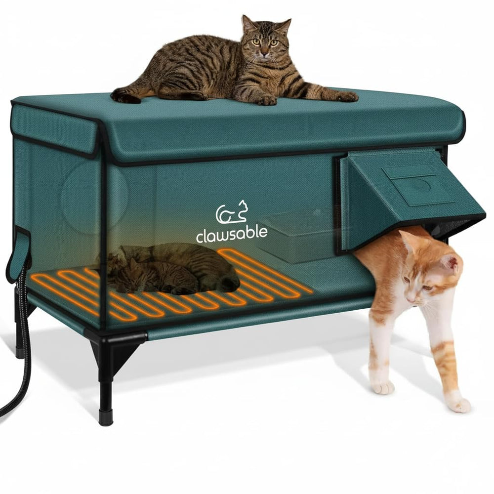 Rolimate indestructible heated cat house front view shows rugged weather protection for outdoor cats.