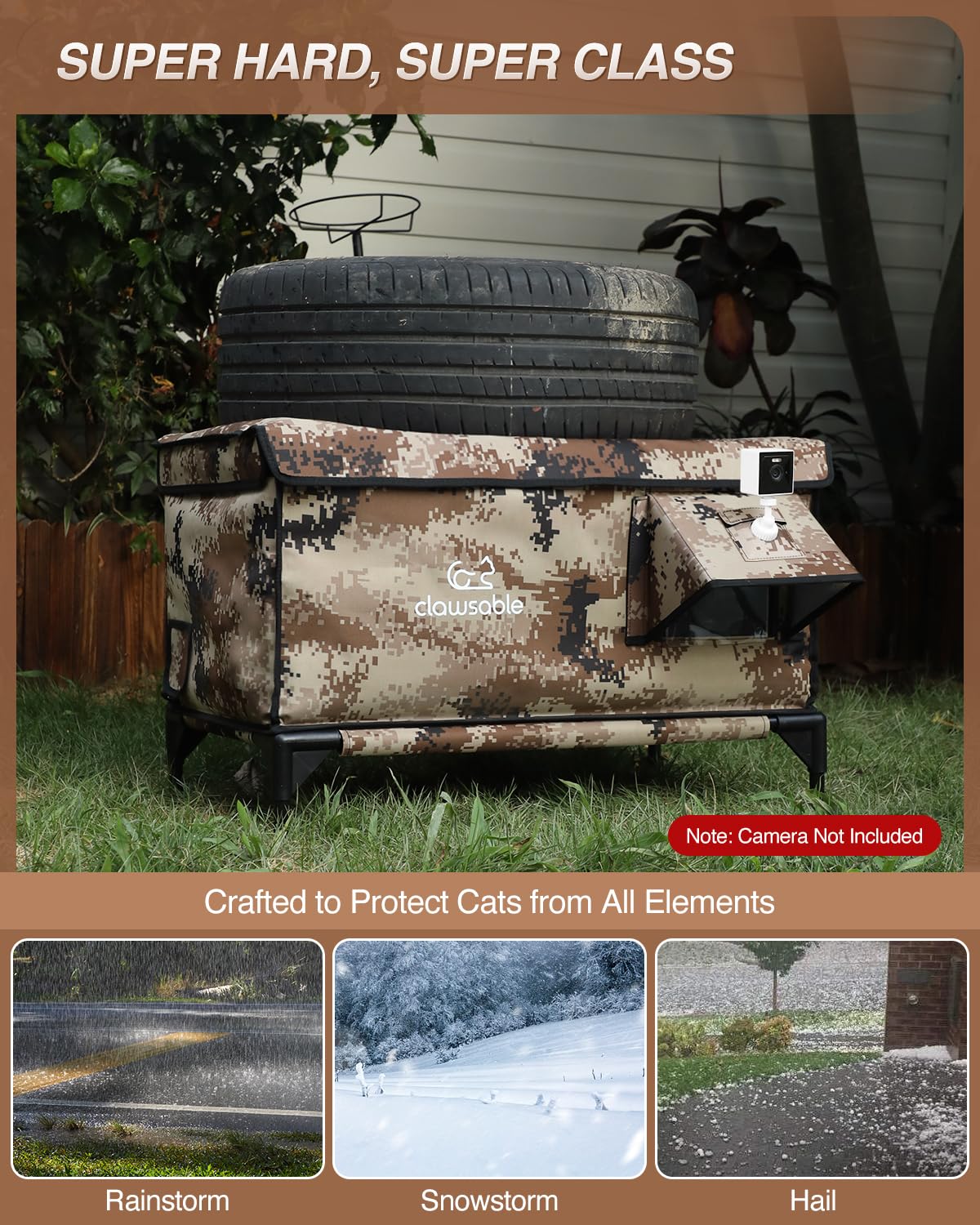 Rolimate Indestructible XL Heated Cat House awning close-up demonstrates waterproof protection against rain.