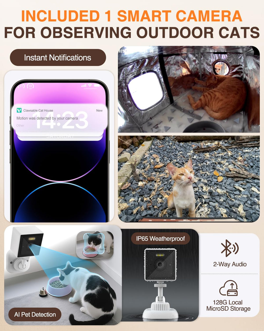 Rolimate outdoor cat shelter with waterproof awning for dry shelter on rainy days.