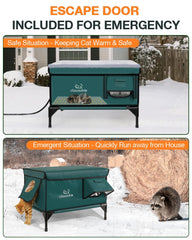 Rolimate outdoor cat shelter with heater, closed escape door for safety.