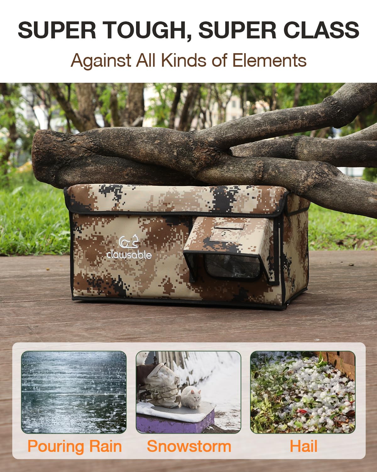 Rolimate waterproof awning cat house top view demonstrates rain protection for interior.