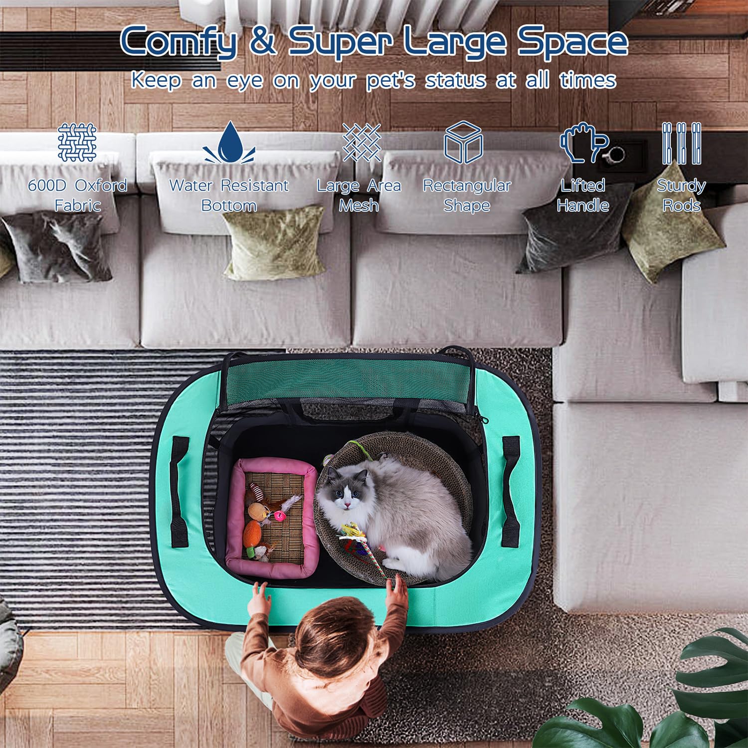 ROMANTIC BEAR dog playpen mesh window ensures airflow and visibility.