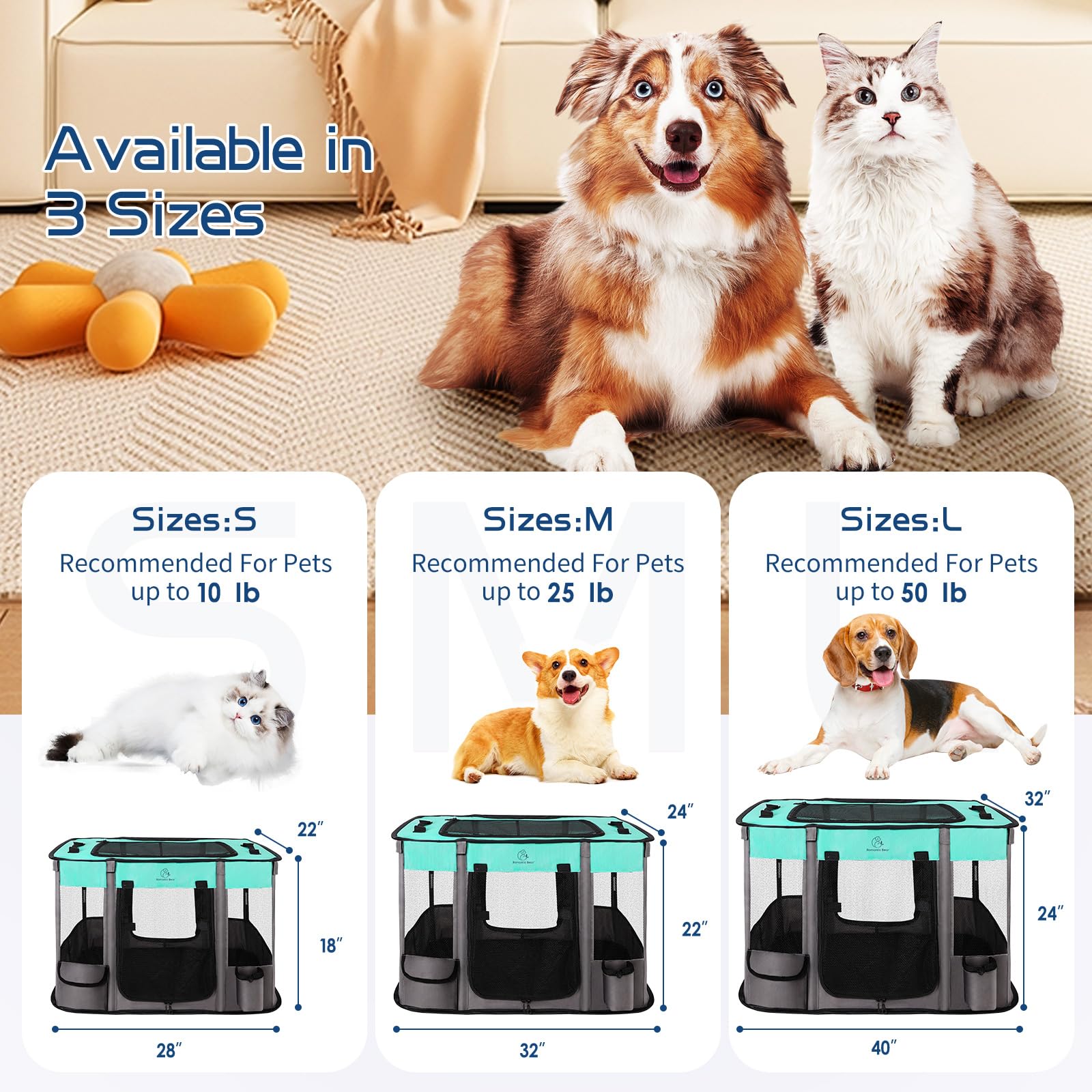 ROMANTIC BEAR dog playpen open frame showing a spacious interior for safe play.