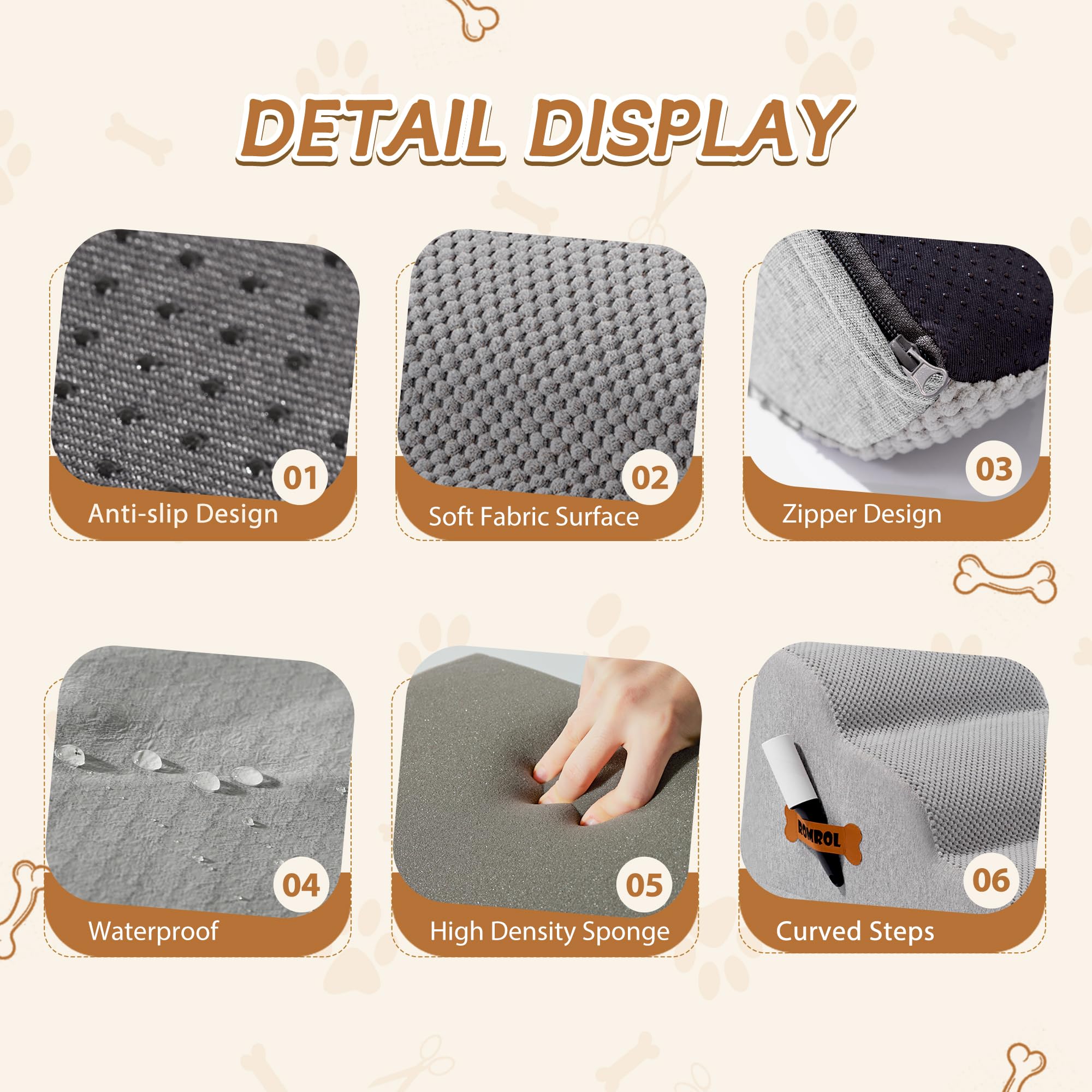 ROMROL dog stairs on sofa illustrate easy bed access for seniors