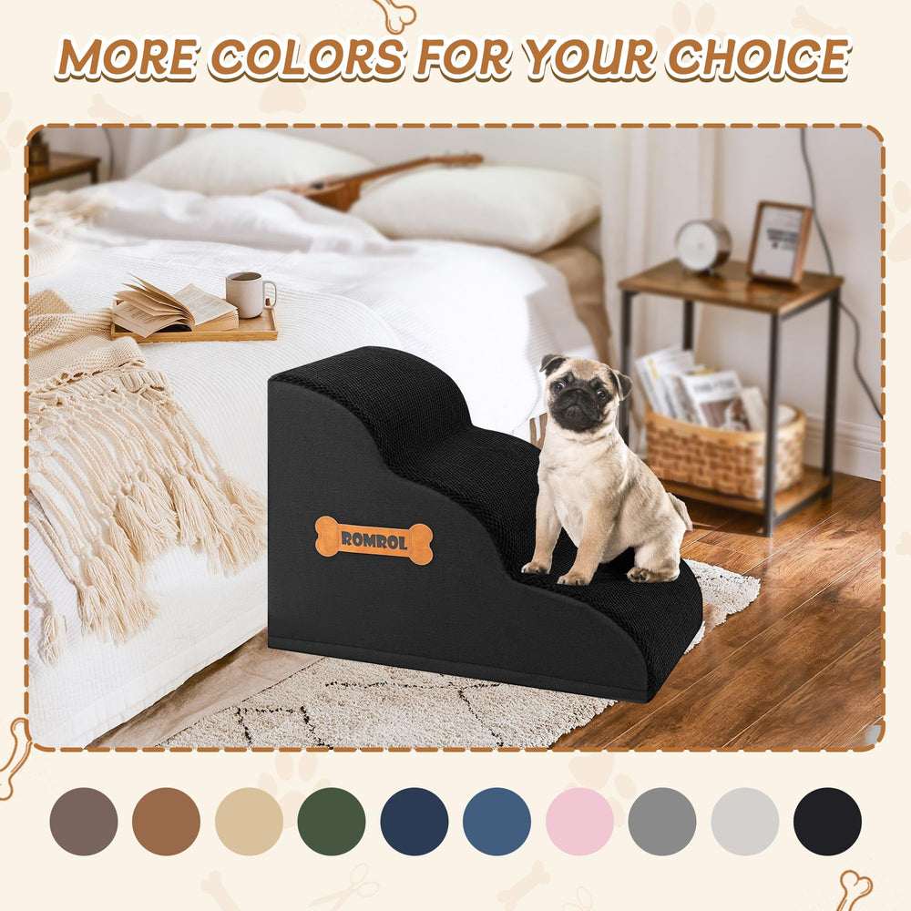 ROMROL dog stairs in use on bed for easy access