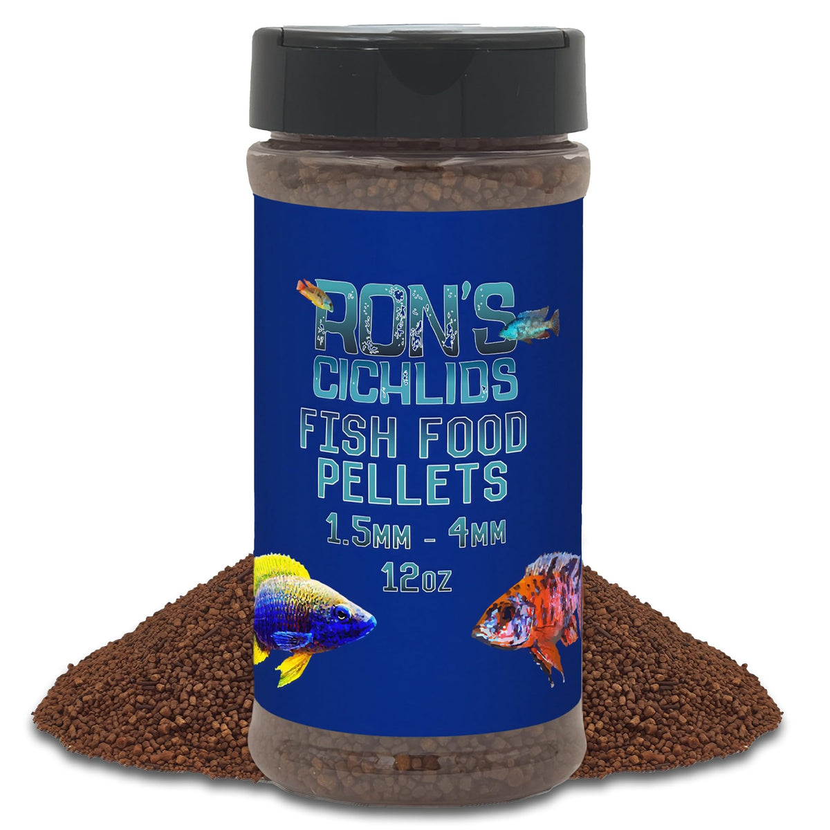 RON'S CICHLIDS food pellets bottle with slow-sinking formula supporting active feeding