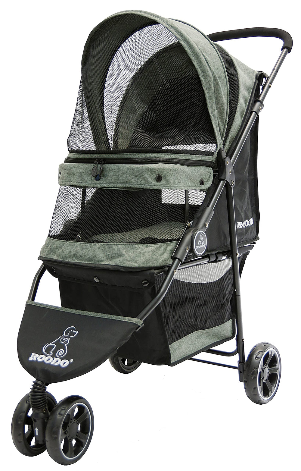 ROODO 3-wheel stroller front view highlights lightweight, easy tool-free setup.