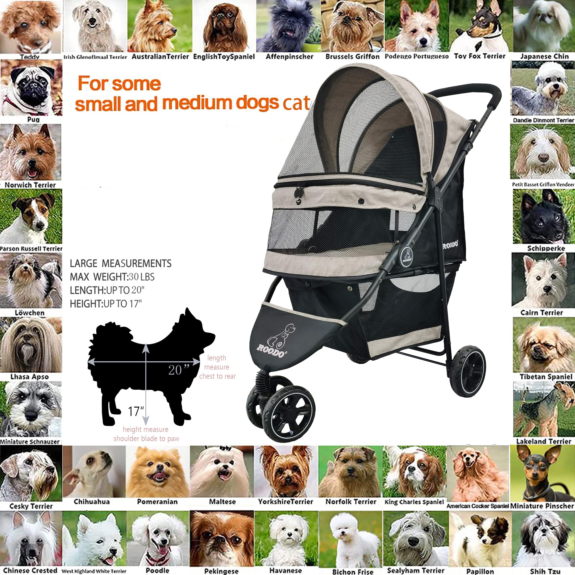 ROODO 3-wheel pet stroller folded compact for storage and travel.