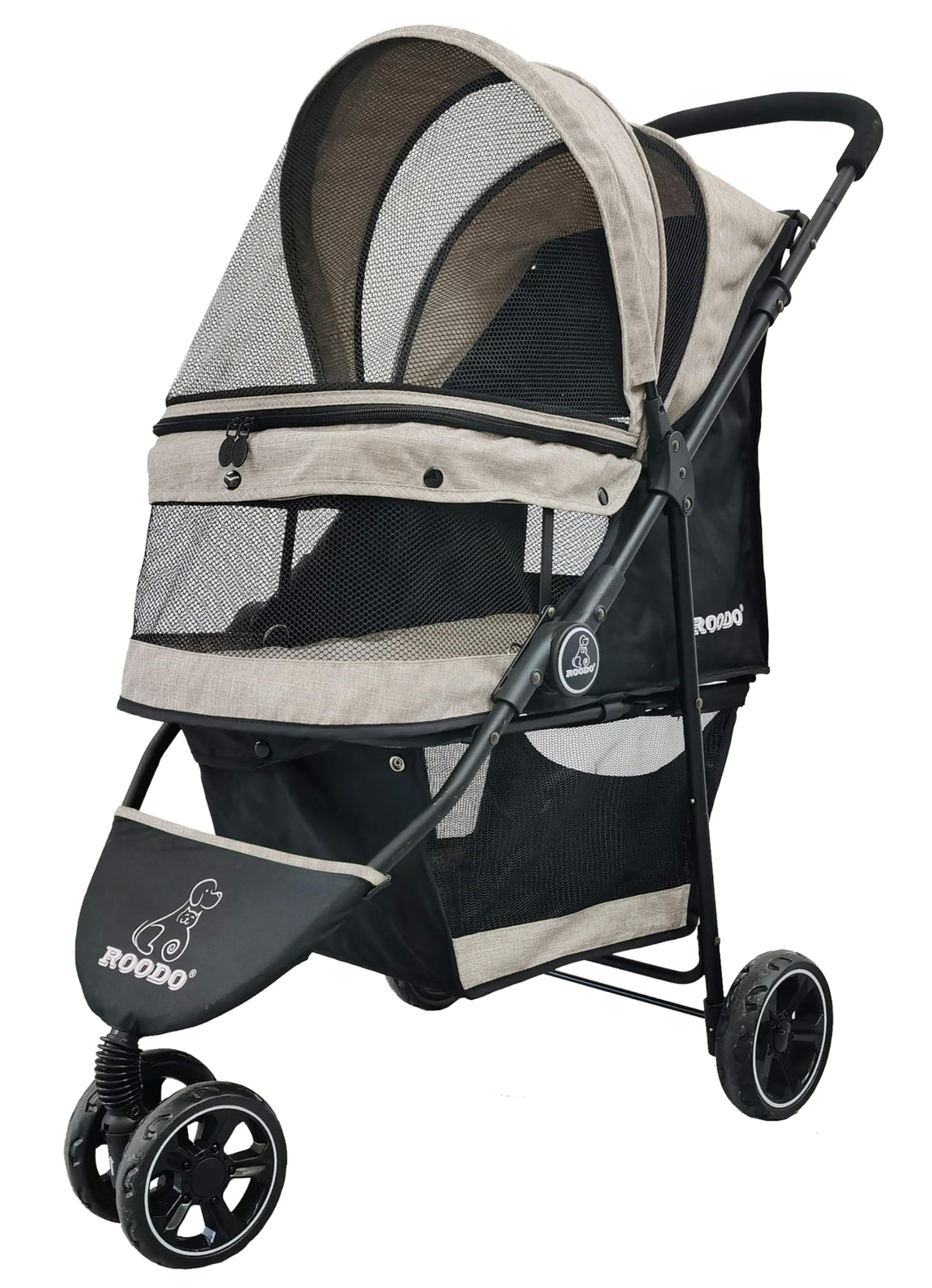 ROODO 3-wheel pet stroller front view with quick-assembly design and stable ride.
