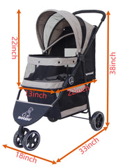 ROODO 3-wheel pet stroller side view showing tool-free installation.