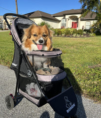 ROODO Escort 3 wheel stroller side profile highlighting compact fold for storage