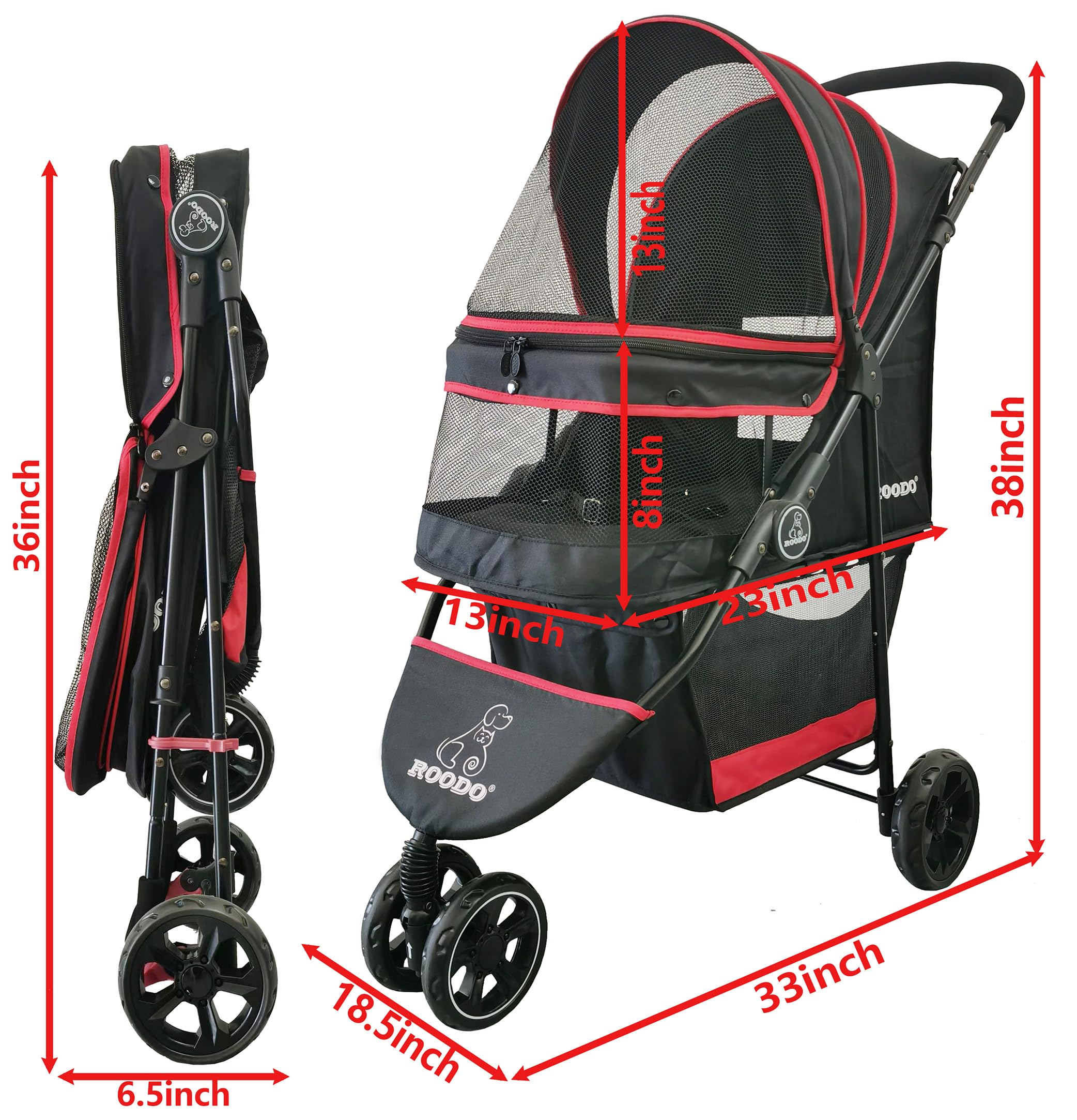 ROODO Escort 3-Wheel shown expanded size for roomy pet comfort during outings.