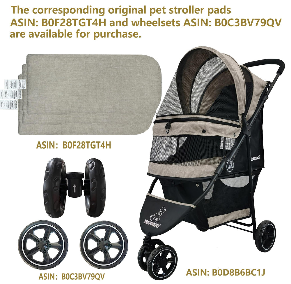 ROODO pet outdoors in three-wheel stroller on varied terrain.