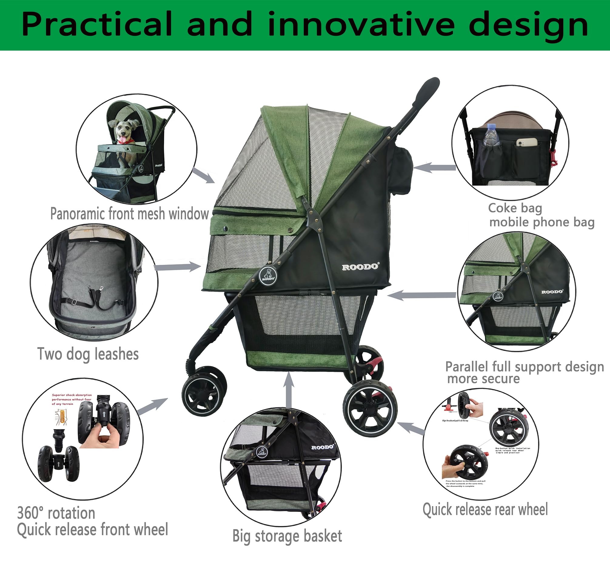 ROODO pet stroller tool-free assembly emphasizes quick setup for busy owners
