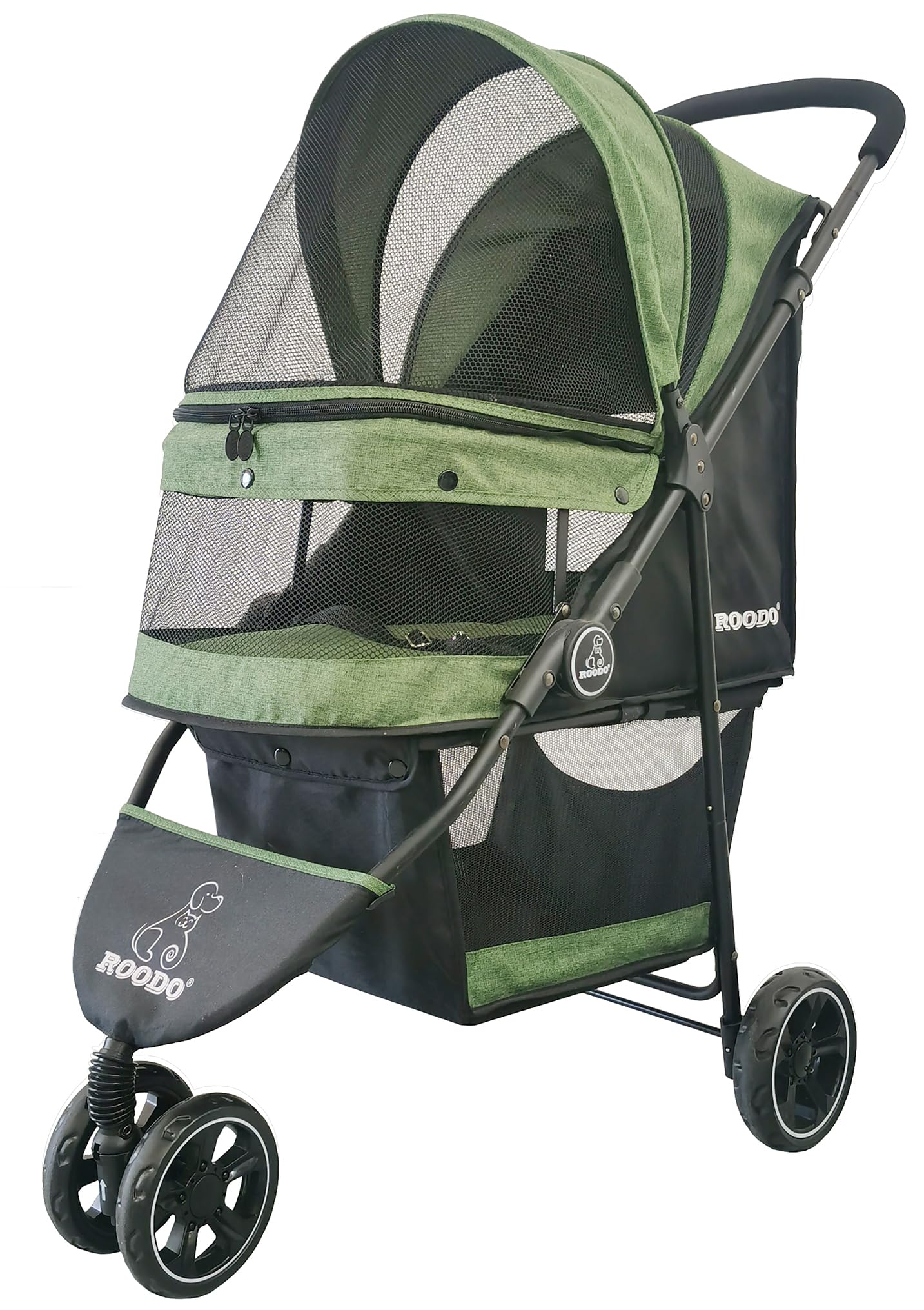 ROODO three-wheel pet stroller green side view for easy daily strolls with small pets