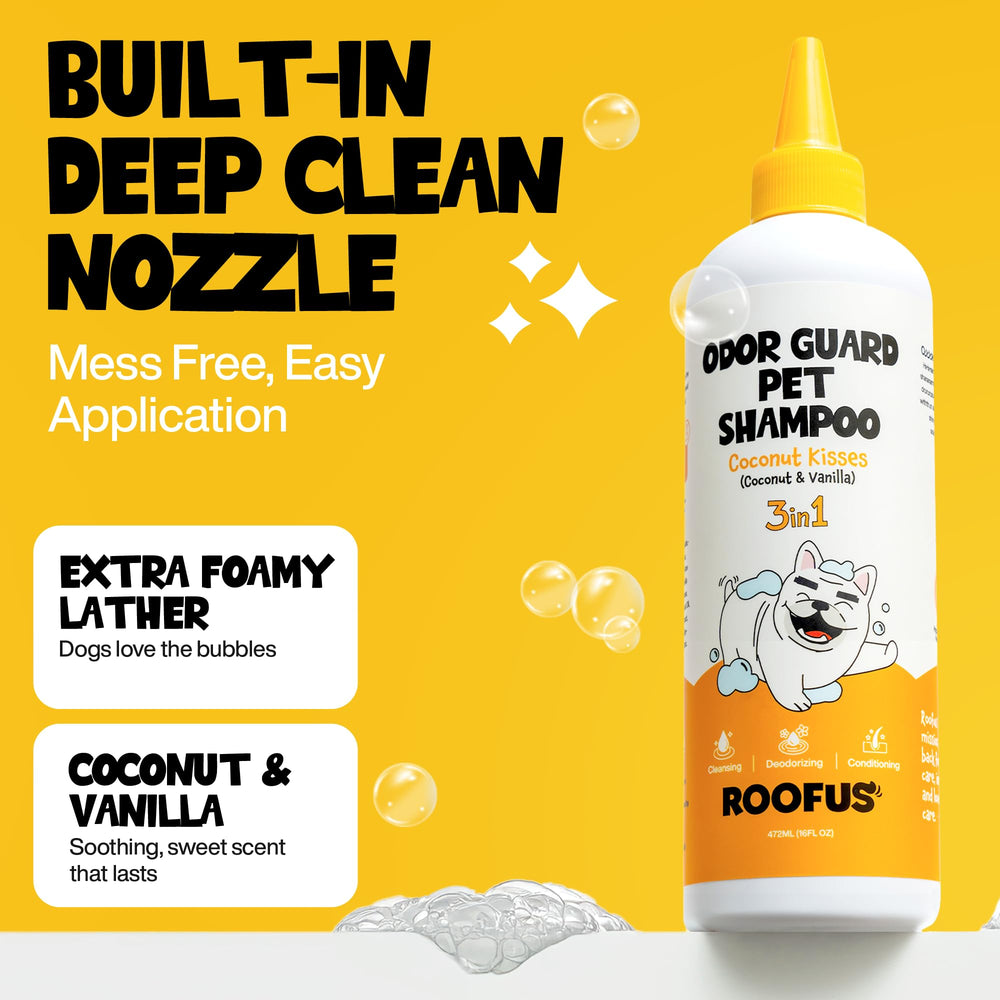 ROOFUS THE DOG Coconut Kisses conditioner bottle adds softness and manageability to the coat