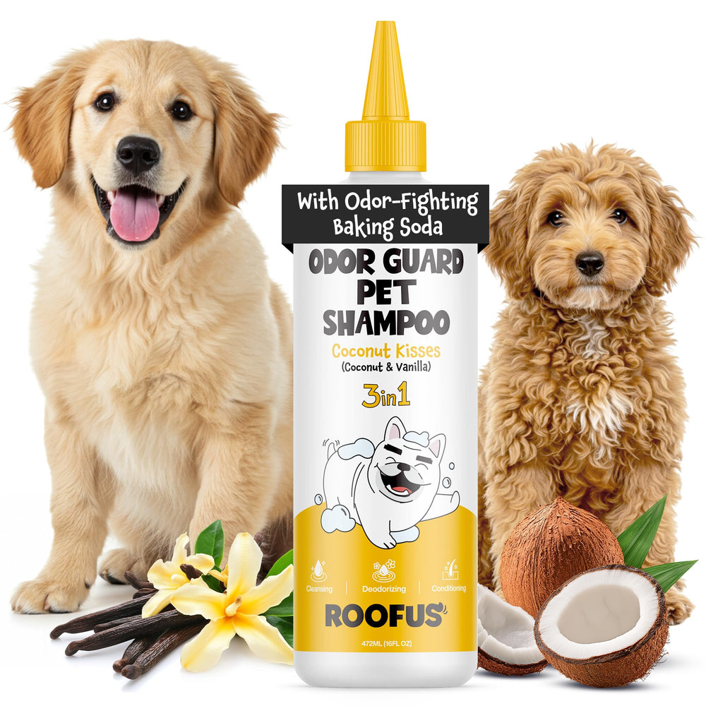 ROOFUS THE DOG Coconut Kisses shampoo bottle deodorizes and refreshes your dog's coat