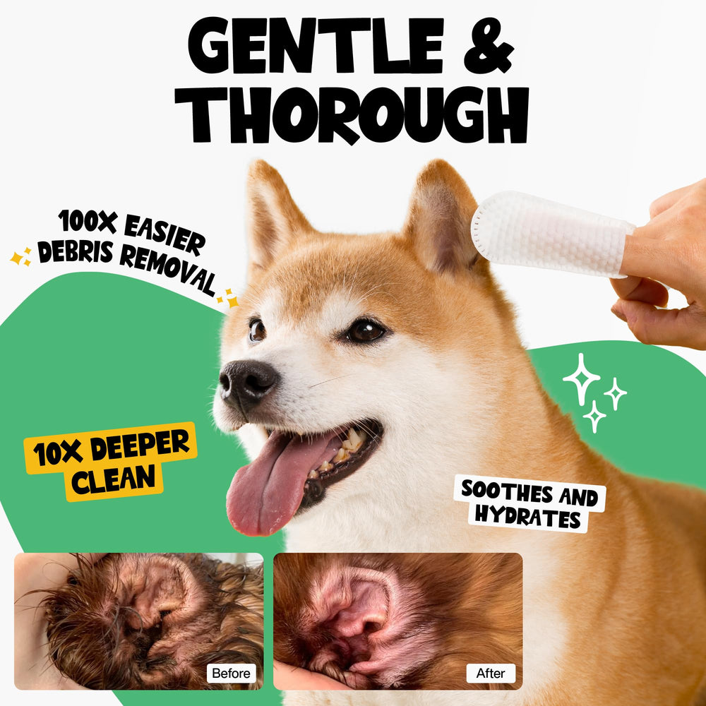 ROOFUS THE DOG ear wipes close-up showing a pre-moistened wipe for quick cleaning