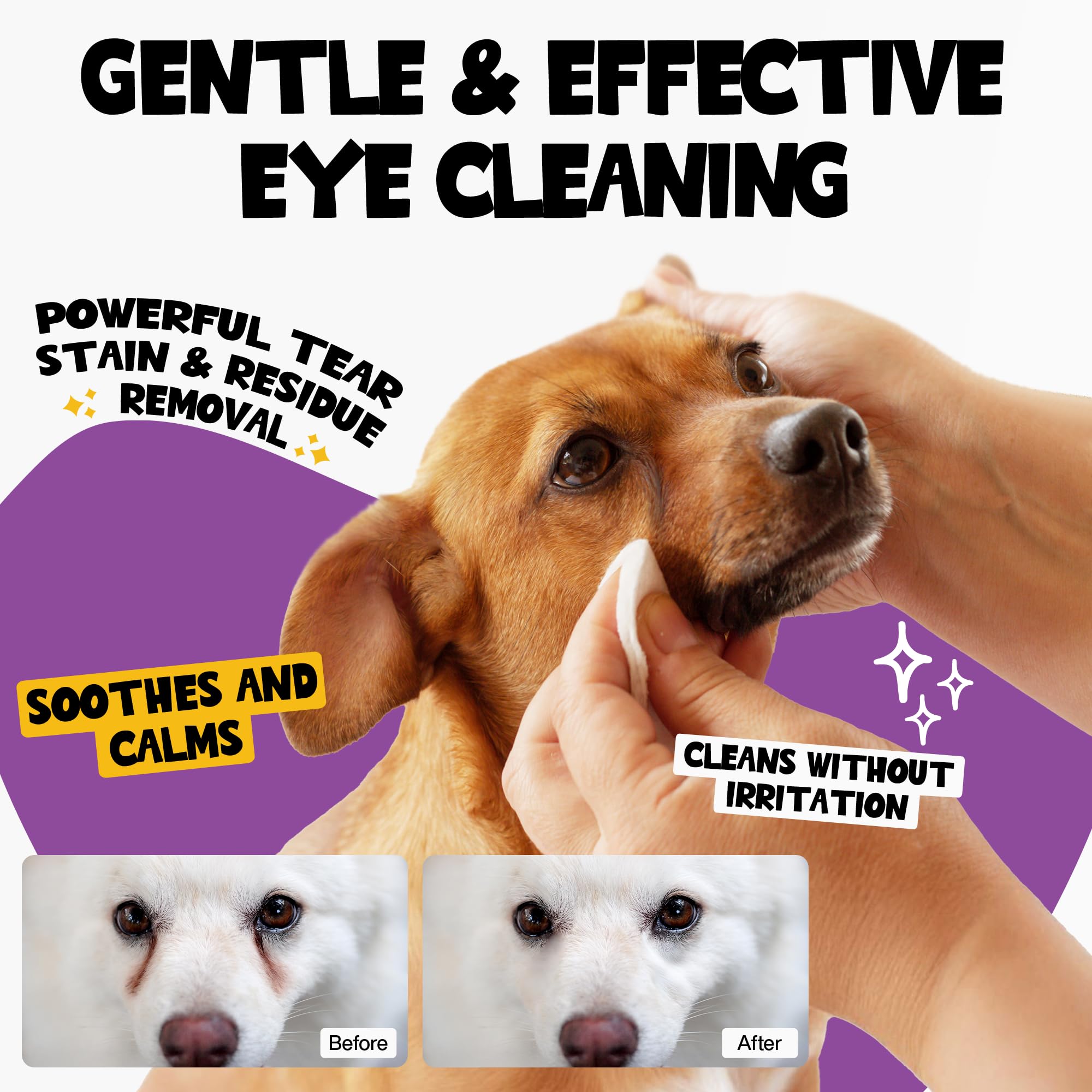 ROOFUS THE DOG Eye Wipes canister closeup shows hypoallergenic formula for sensitive pets.