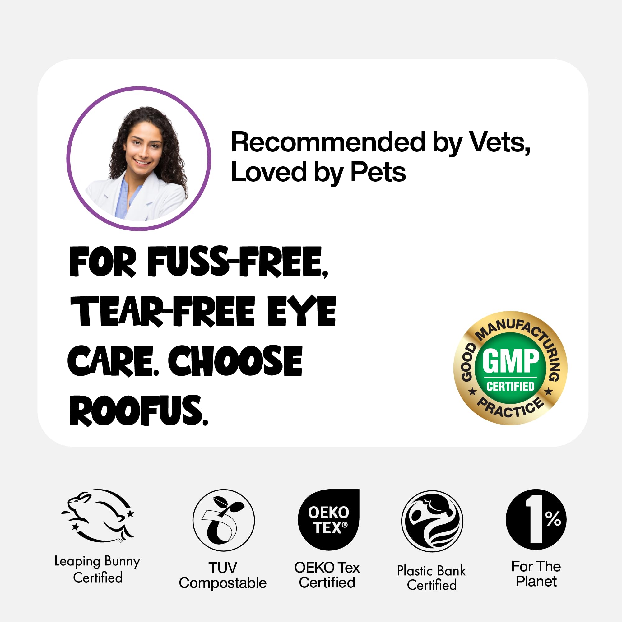 ROOFUS THE DOG Eye Wipes suitable for kittens and dogs emphasizes versatile care.