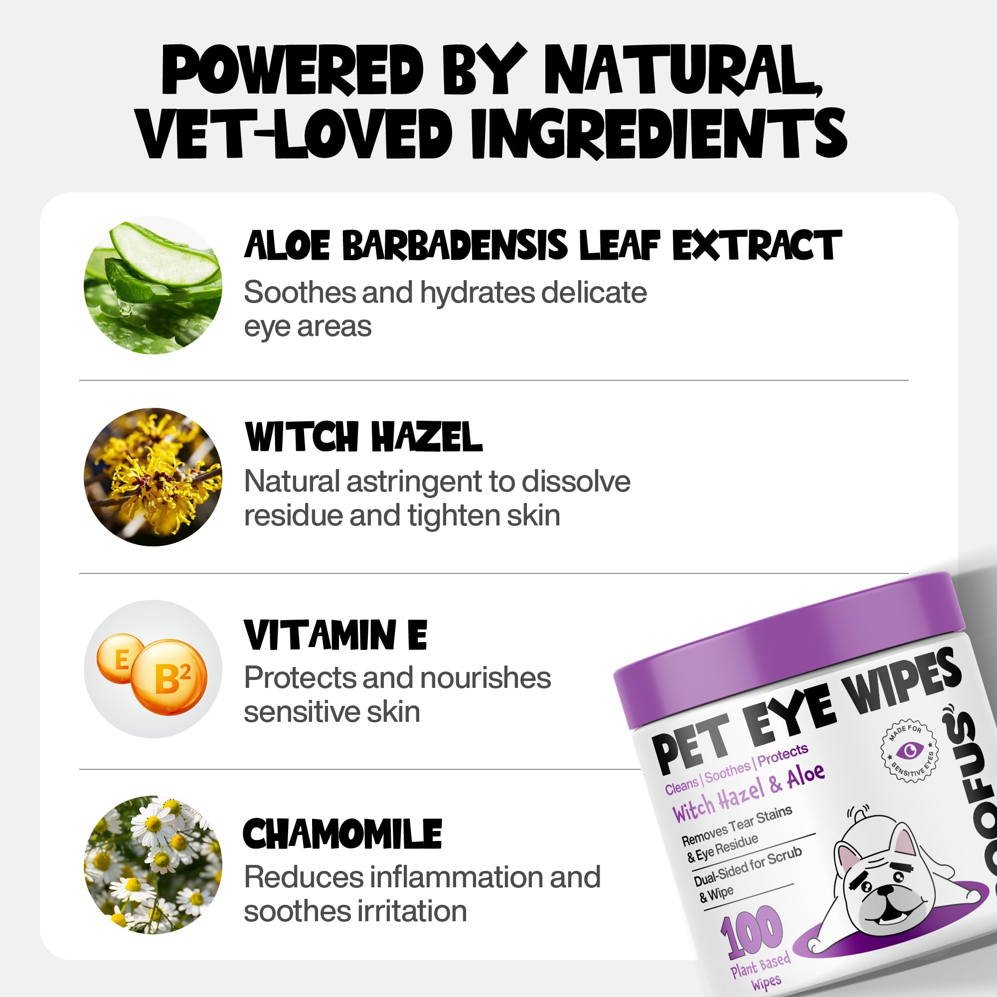 ROOFUS THE DOG Eye Wipes hypoallergenic fragrance-free label communicates pet-safe care.